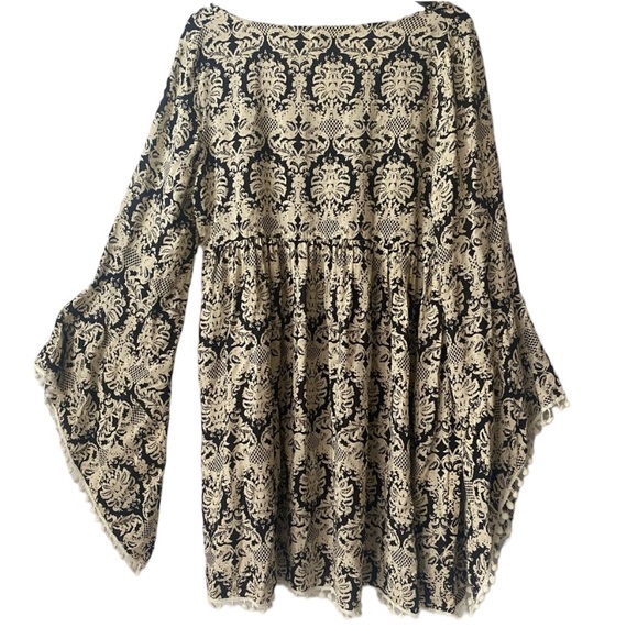 Velzera Black Damask Bell-Sleeve Bohemian Pattern Midi Dress Women’s Size L - Picture 7 of 16